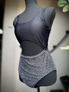 Black Cutout One-Piece Swimsuit with White Polka Dot Bottom